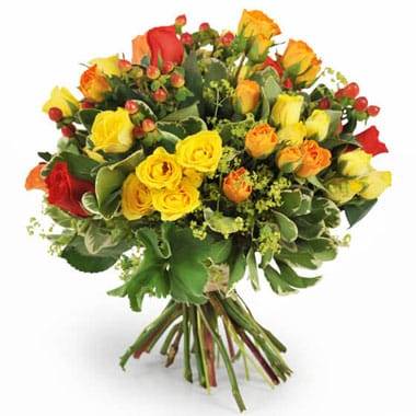 L'Agitateur Floral | image du bouquet coloré de roses jaunes, oranges & rouges