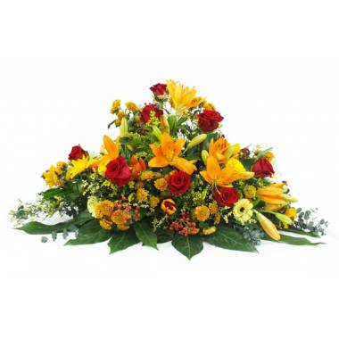 image de la Raquette de deuil orange & rouge "Hélios" | L'Agitateur Floral