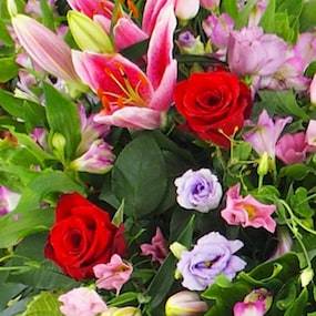 Zoom fleurs du Dessus de cercueil rose, mauve et rouge "Athéna" | L'Agitateur Floral