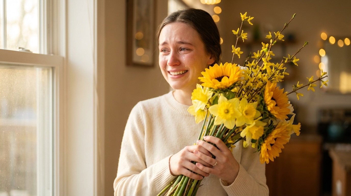 femme émue fleurs jaunes bouquet lumineux joie