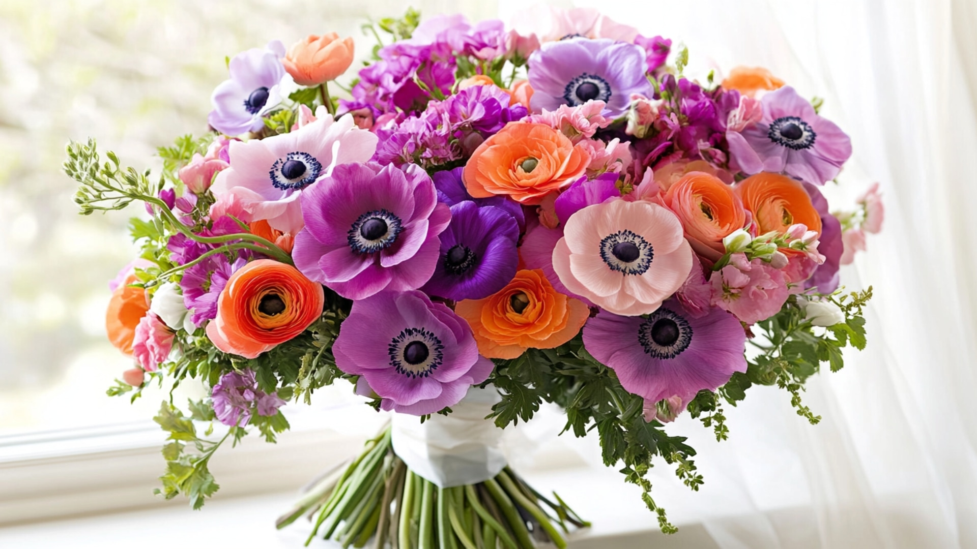 Bouquet printanier d'anémones, de renoncules et de freesias aux couleurs vives pour égayer la fête des grands-mères