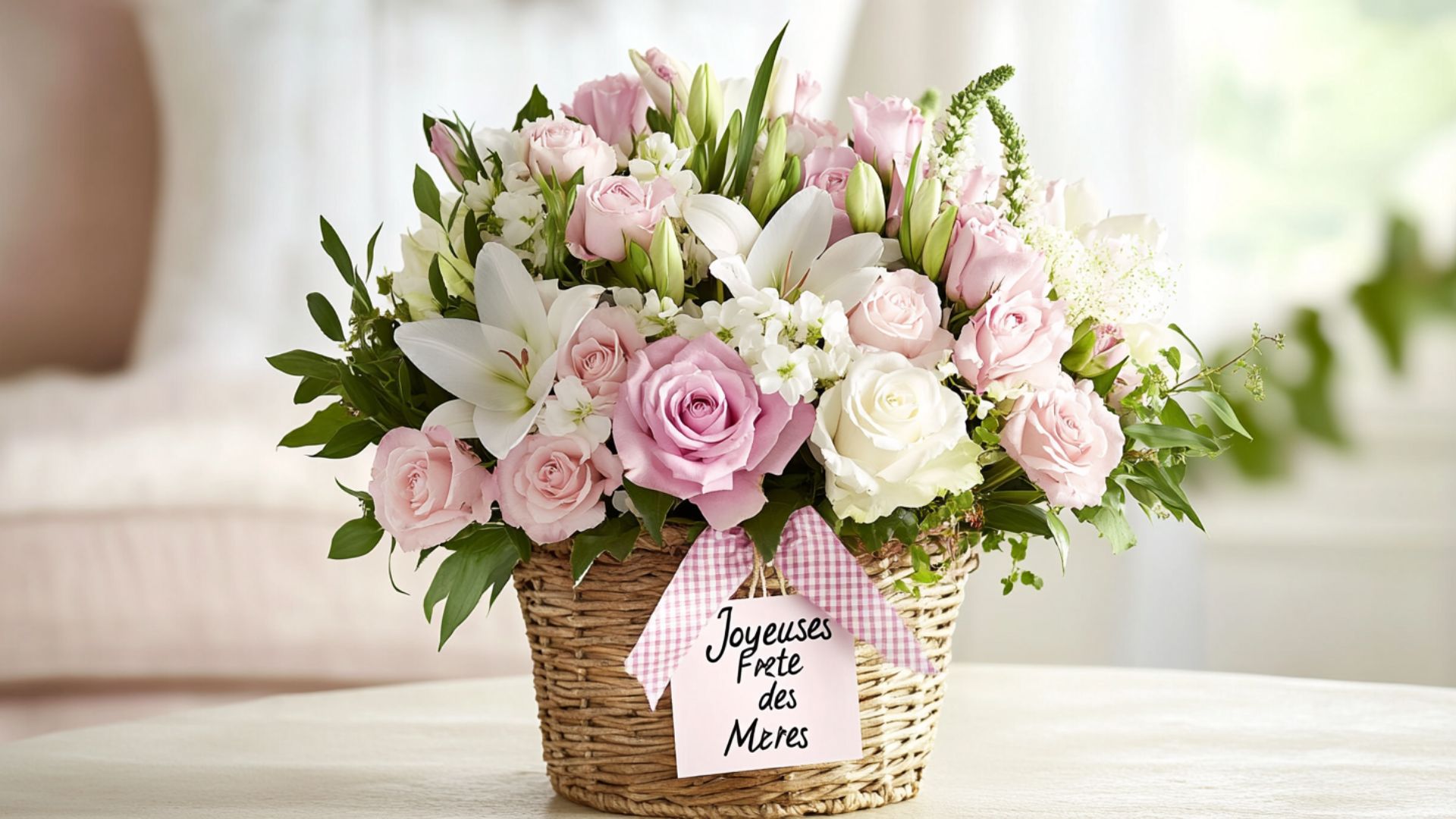 Bouquet de fête des mères avec roses, lys et pivoines