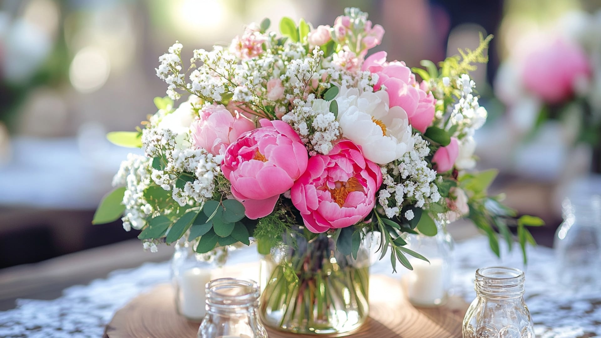 centre de table champêtre avec pivoines et muguet pour mariage