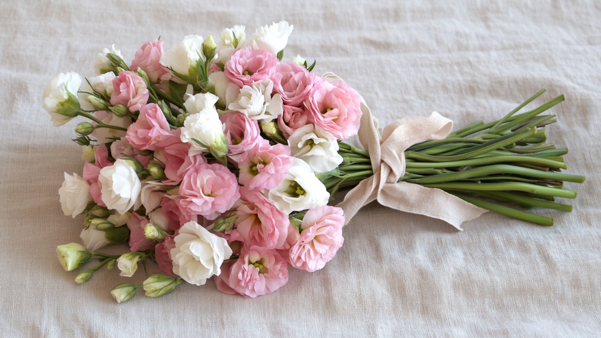 Bouquet champêtre de lisianthus roses et blancs, cadeau délicat pour la fête des mères