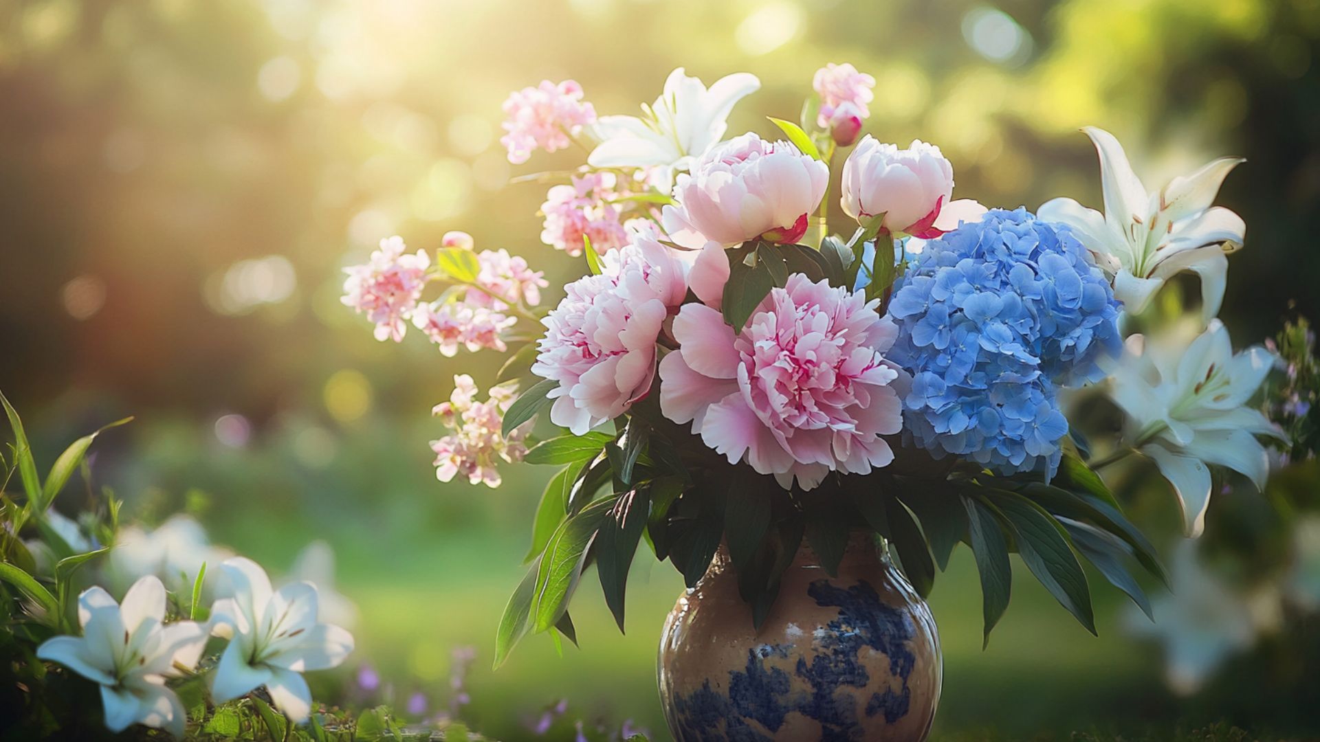 Bouquet estival de juin avec pivoines, hortensias et lys dans un jardin fleuri