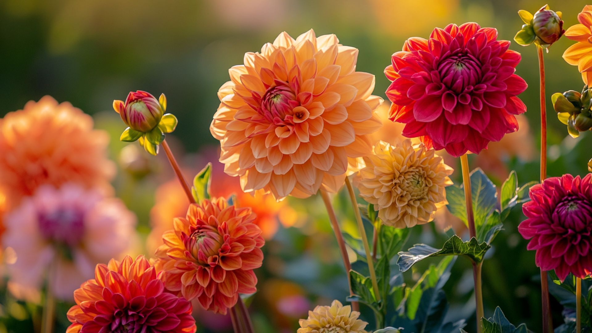 Dahlias multicolores en fleurs dans un jardin estival ensoleillé