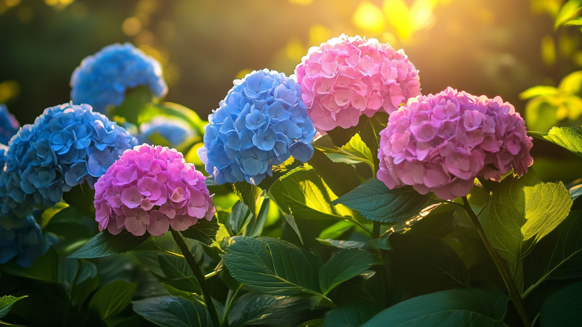 Hortensias bleus et roses résistant à la chaleur dans un jardin d'été