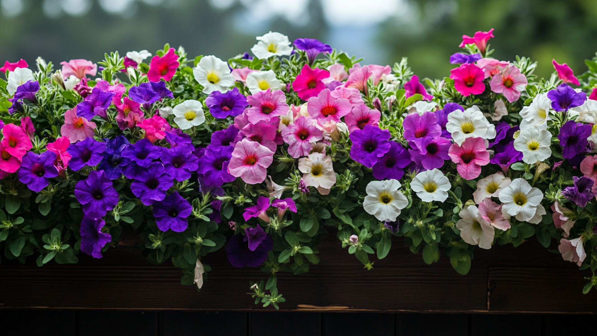 Pétunias colorés en cascade débordant de jardinières sur balcon ensoleillé