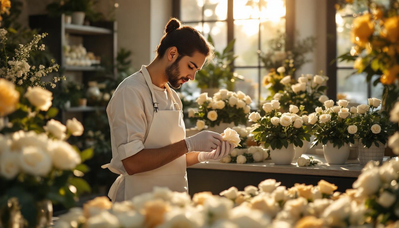 Expert fleuriste professionnel examinant qualité roses blanches fraîches