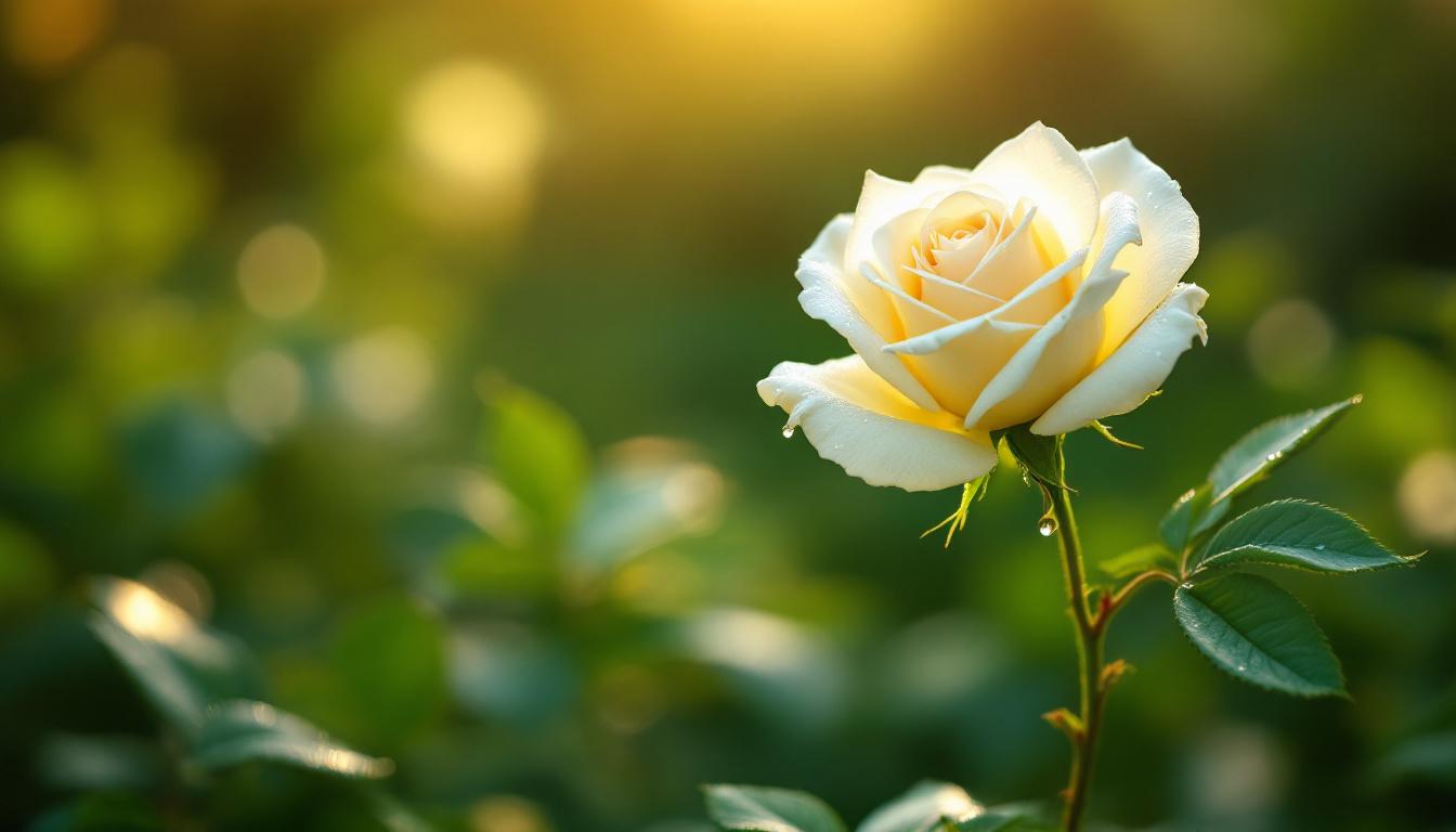 Rose blanche symbolisant pureté et innocence dans jardin luxuriant