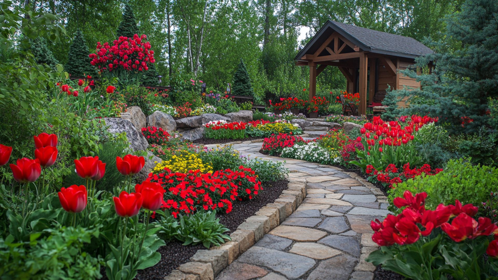 Fleurs rouges jardin extérieur massif tulipes