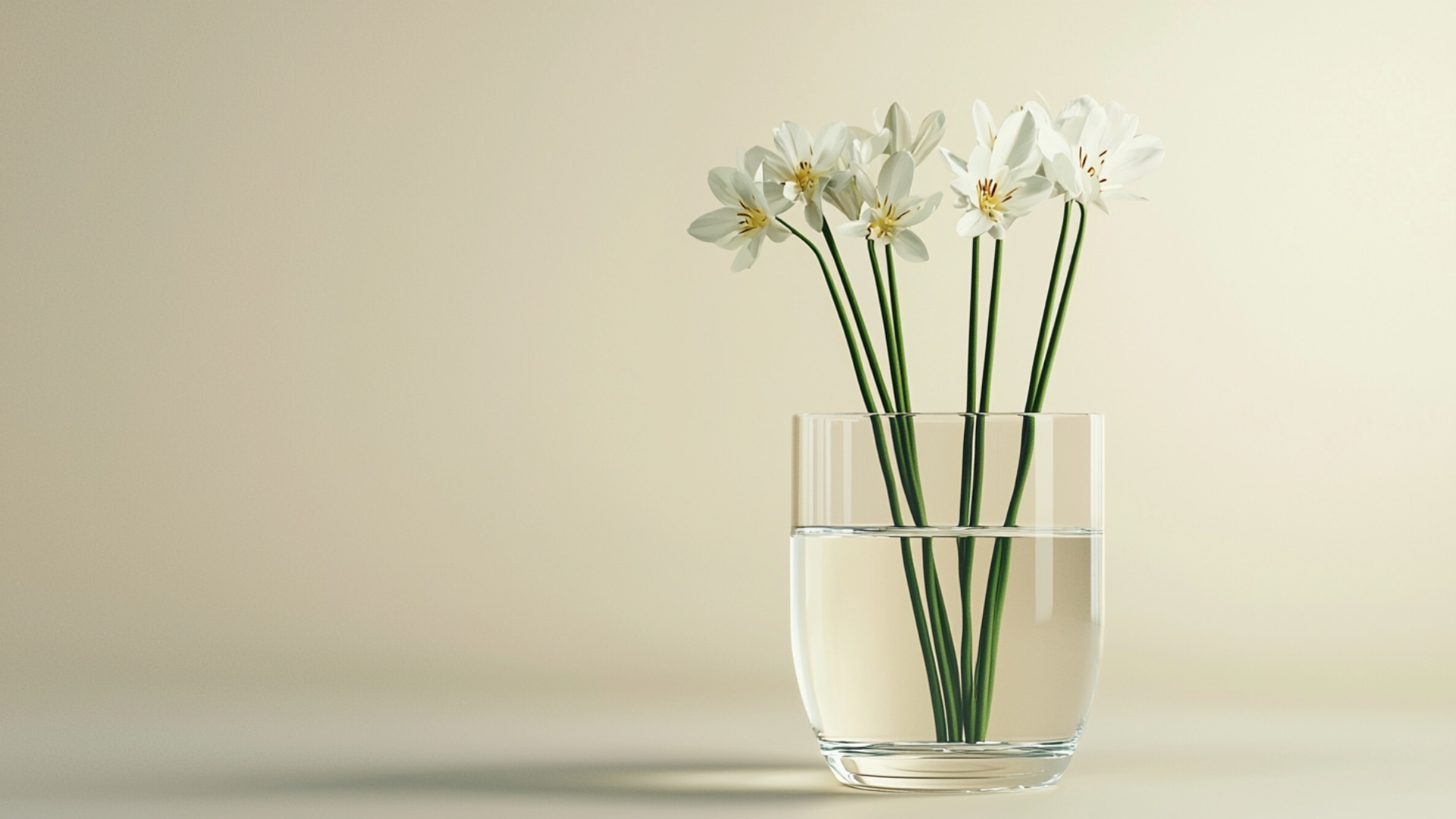 Vase propre rempli d'eau à mi-hauteur des tiges