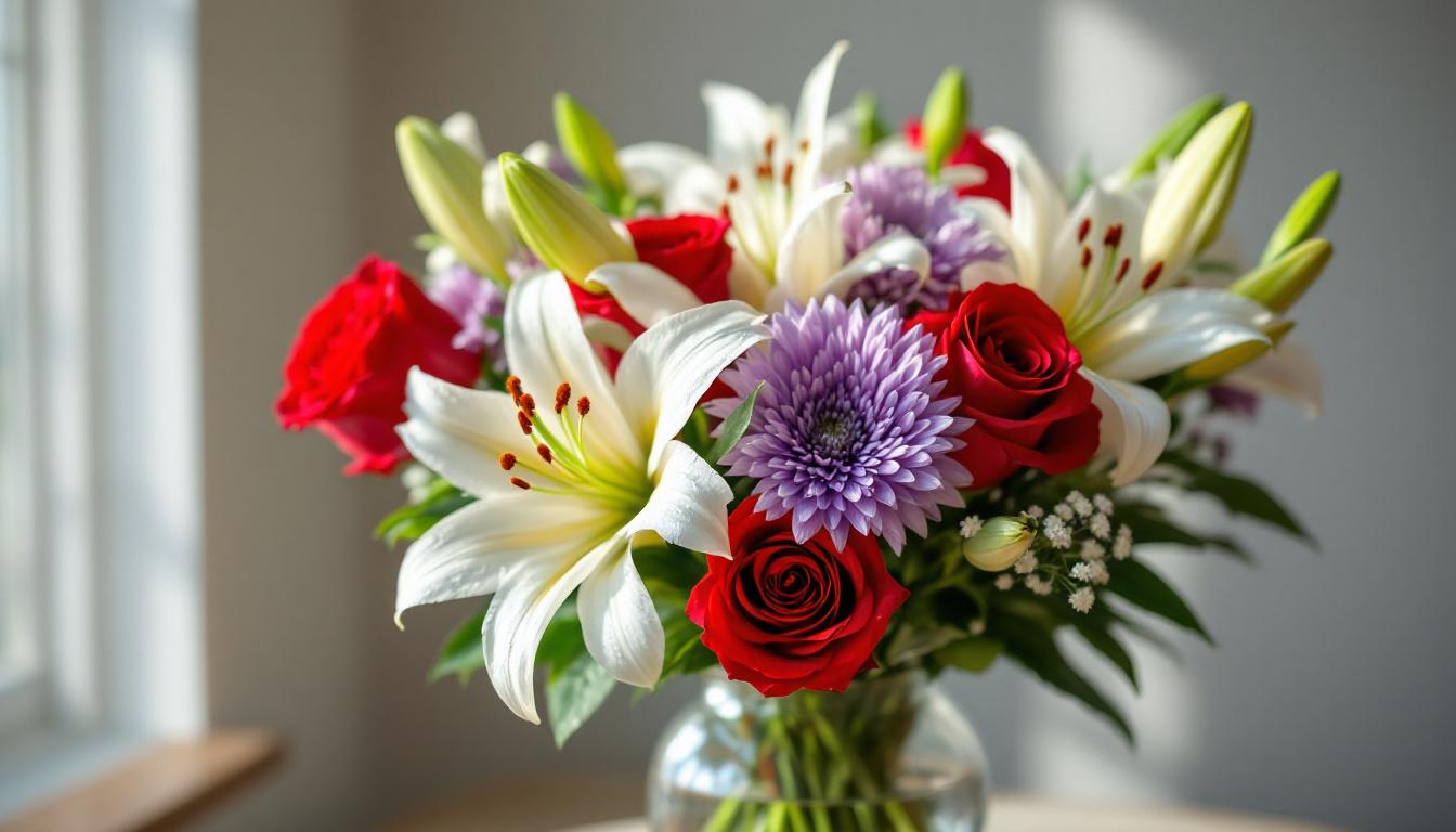 Bouquet de fleurs fraîches multicolores dans un vase en verre transparent