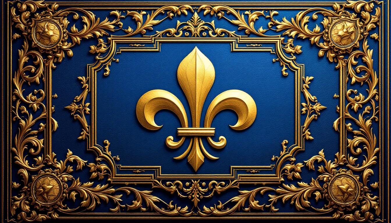 Armoiries royales françaises avec trois fleurs de lys stylisées dorées sur fond bleu azur