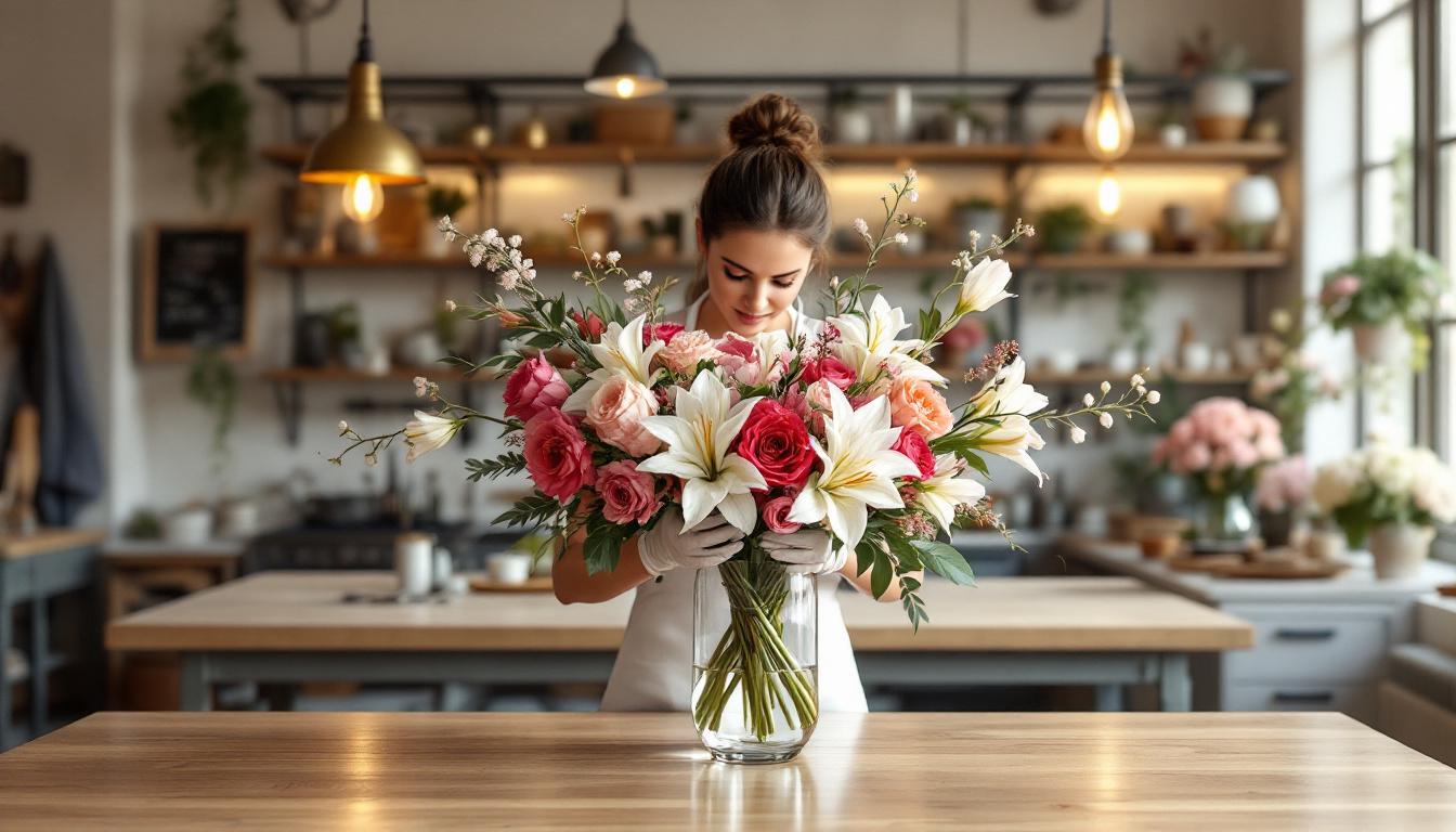 Artisan fleuriste créant une composition florale contemporaine