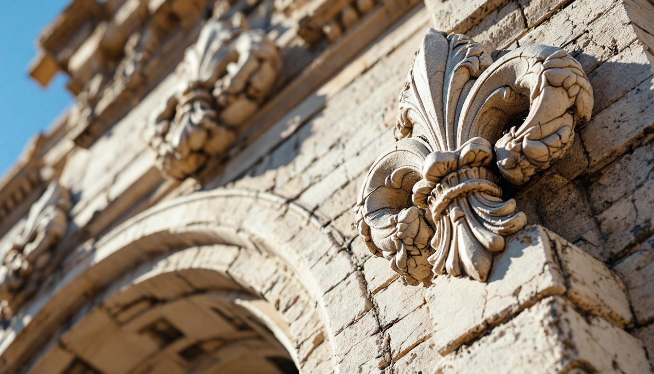 Détail d’un monument historique français orné de sculptures fleur de lys en pierre