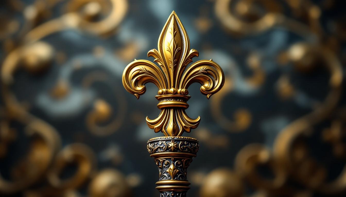 Emblème fleur de lys doré sur un sceptre royal ancien