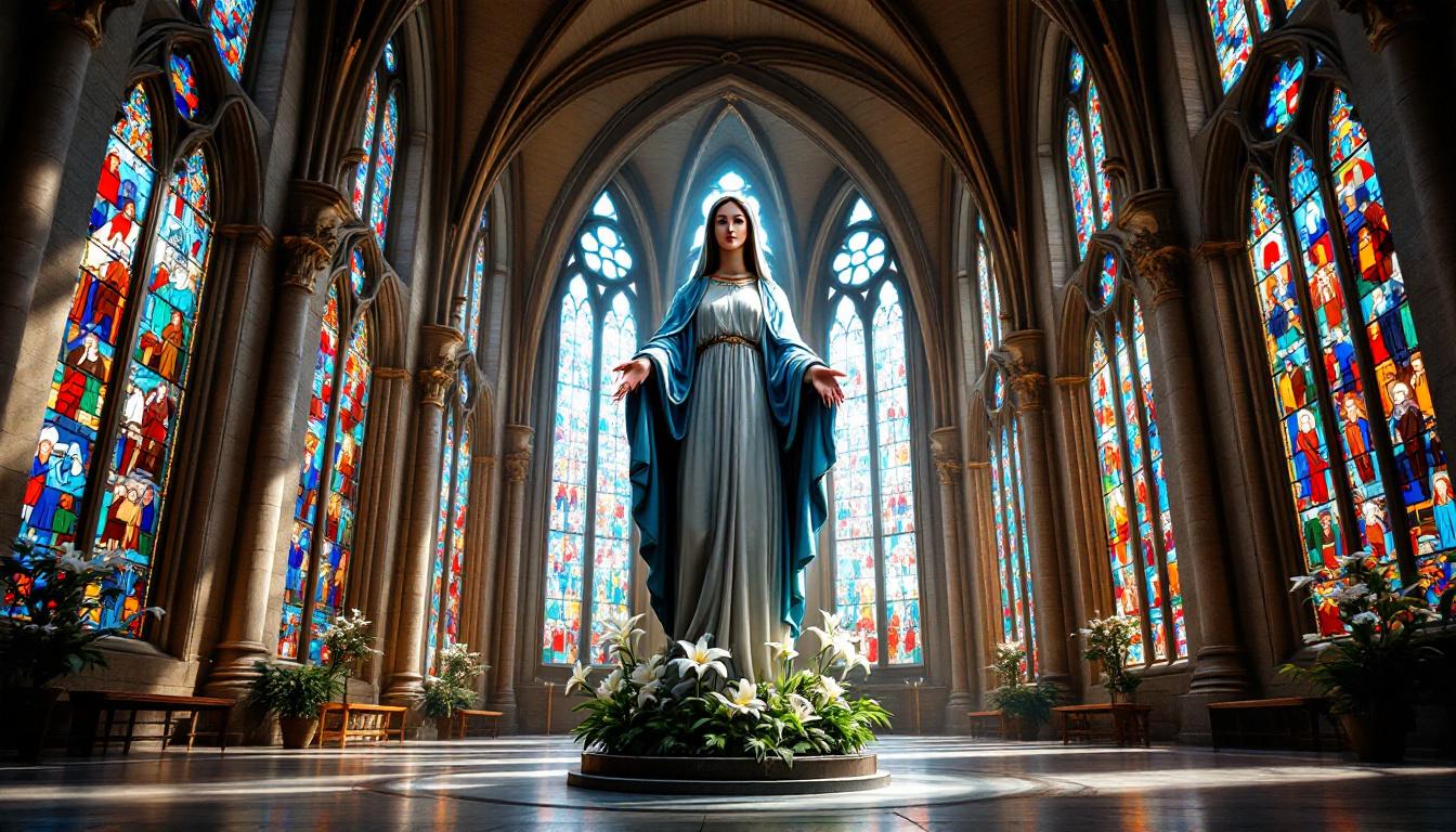 Statue majestueuse de la Vierge Marie tenant des lys blancs