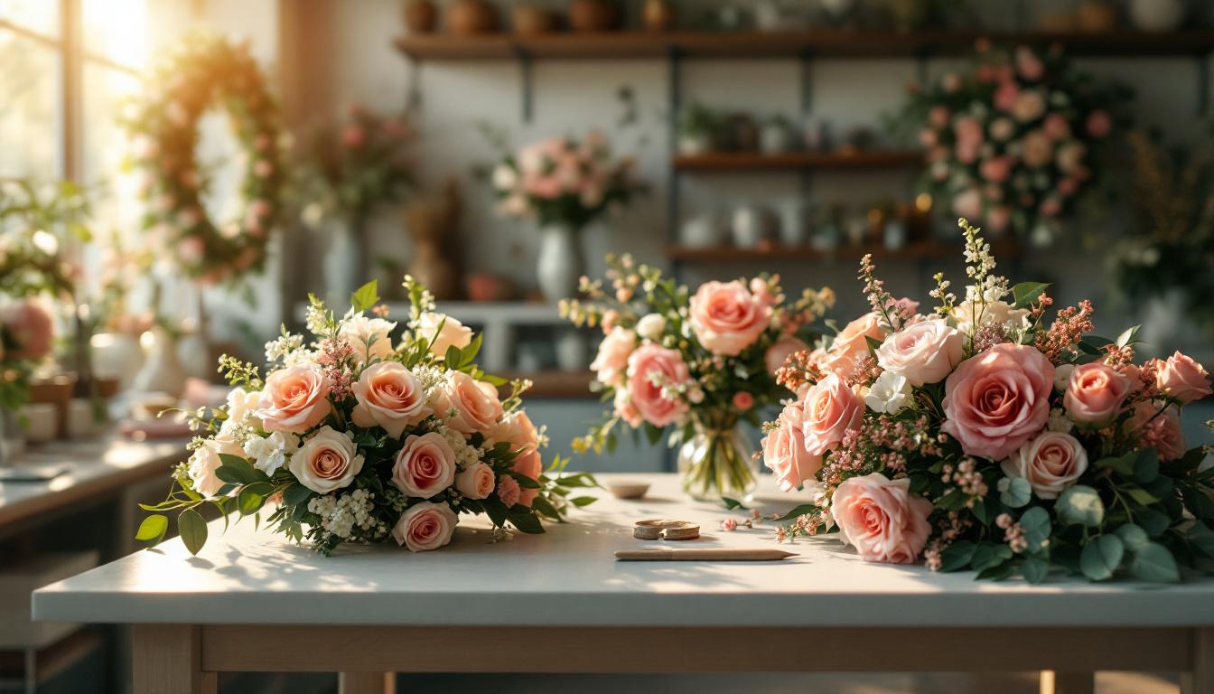 Compositions florales funéraires gerbes couronnes roses
