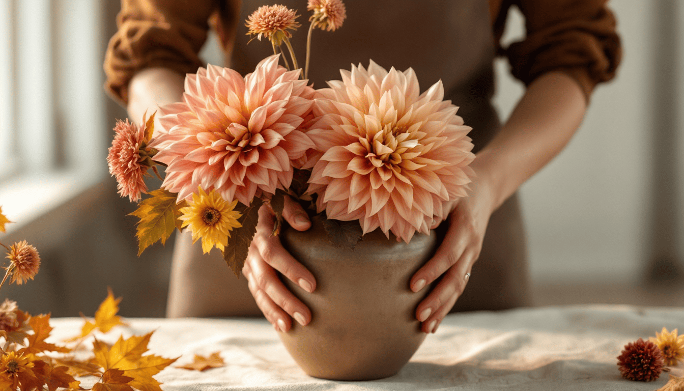 bouquet professionnel de dahlias et chrysanthèmes avec feuillages dorés