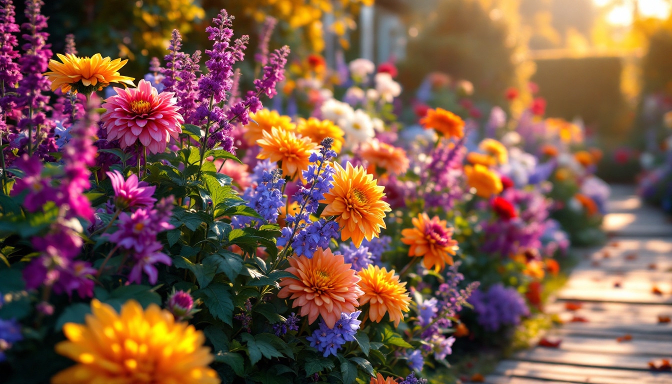 chrysanthèmes, asters et dahlias colorés dans un jardin d'automne