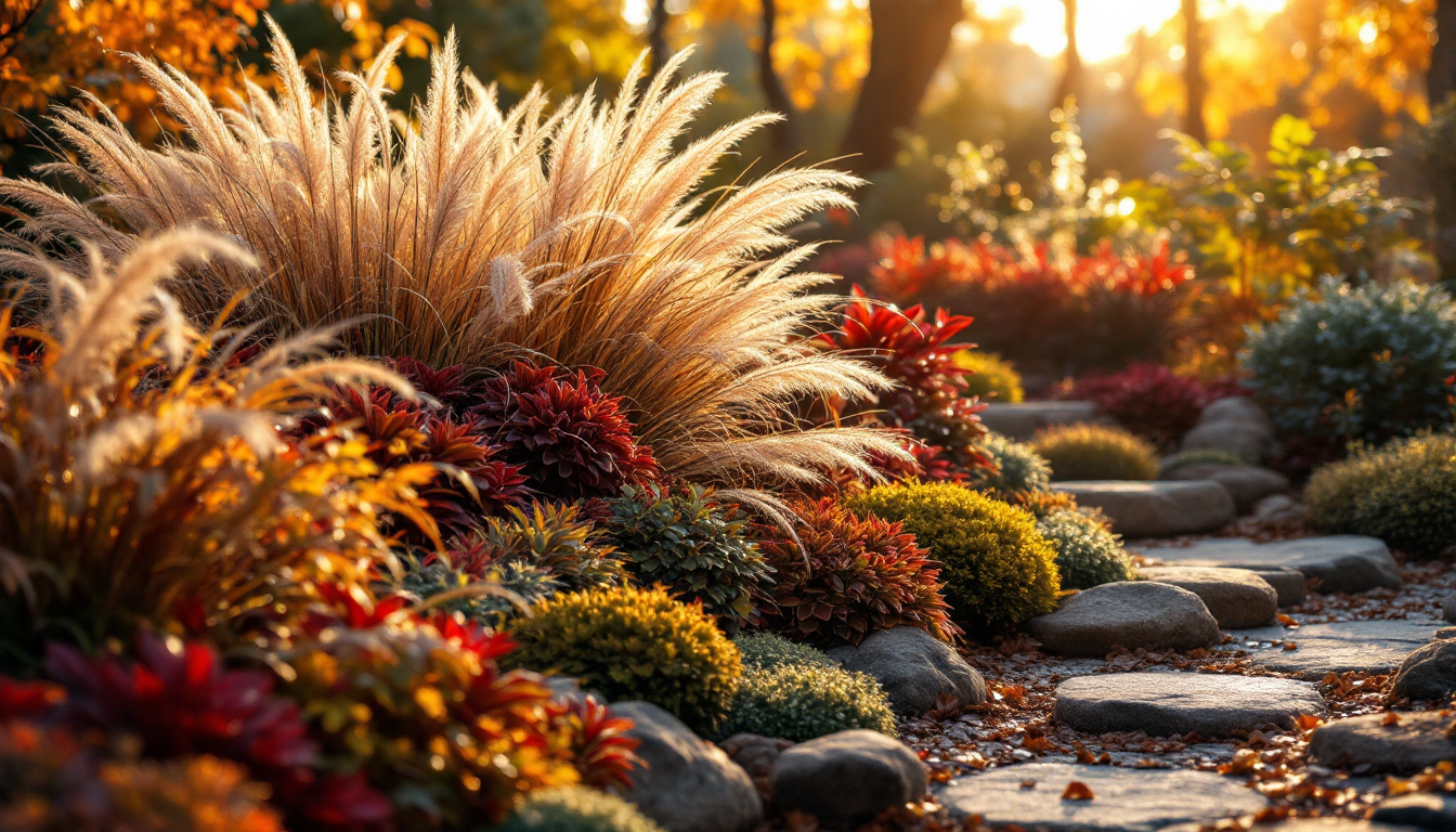 massif floral automnal avec contrastes de textures et couleurs chaudes