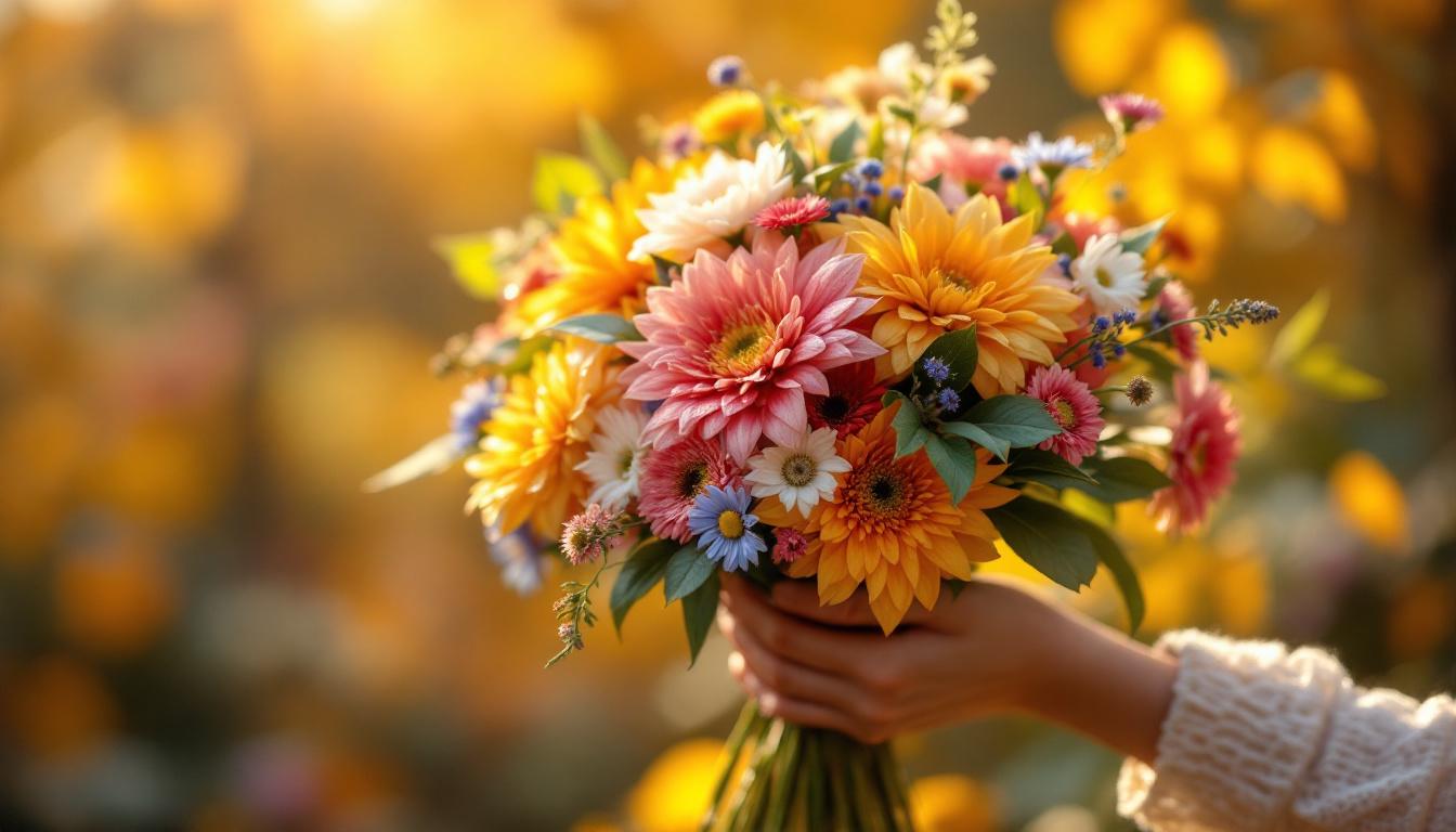 Bouquet de chrysanthèmes, dahlias et asters pour octobre