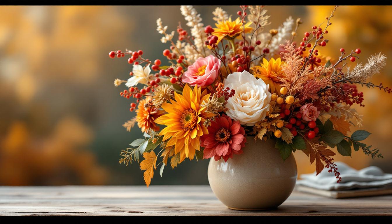 Composition florale automnale créative avec feuillages et fleurs séchées