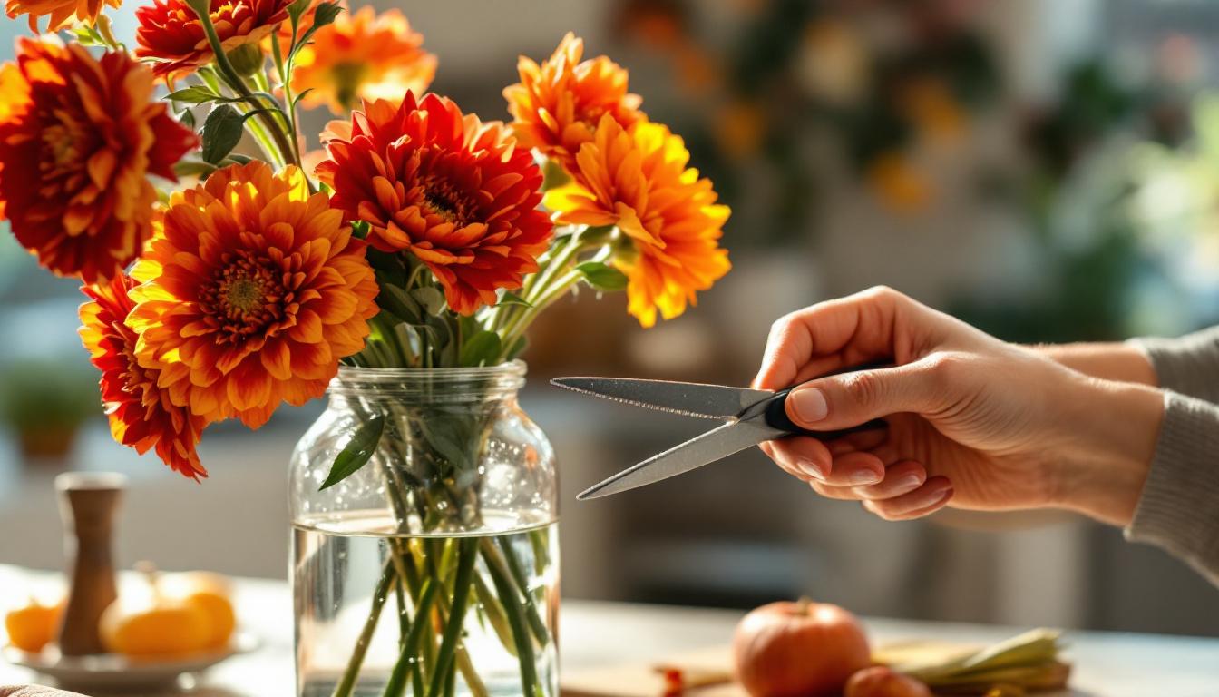 Entretien d’un bouquet d’octobre avec coupe des tiges et changement d’eau