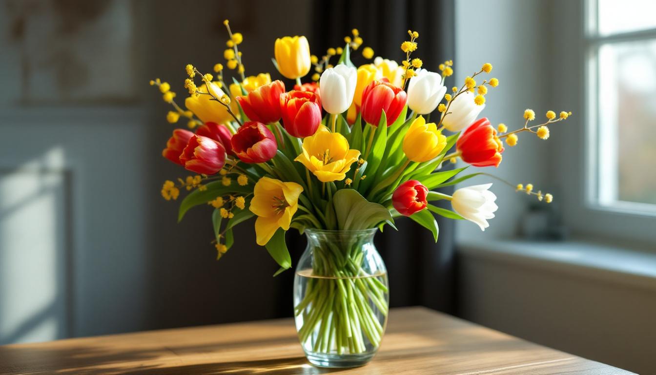Bouquet élégant de tulipes fraîchement coupées dans un vase en verre