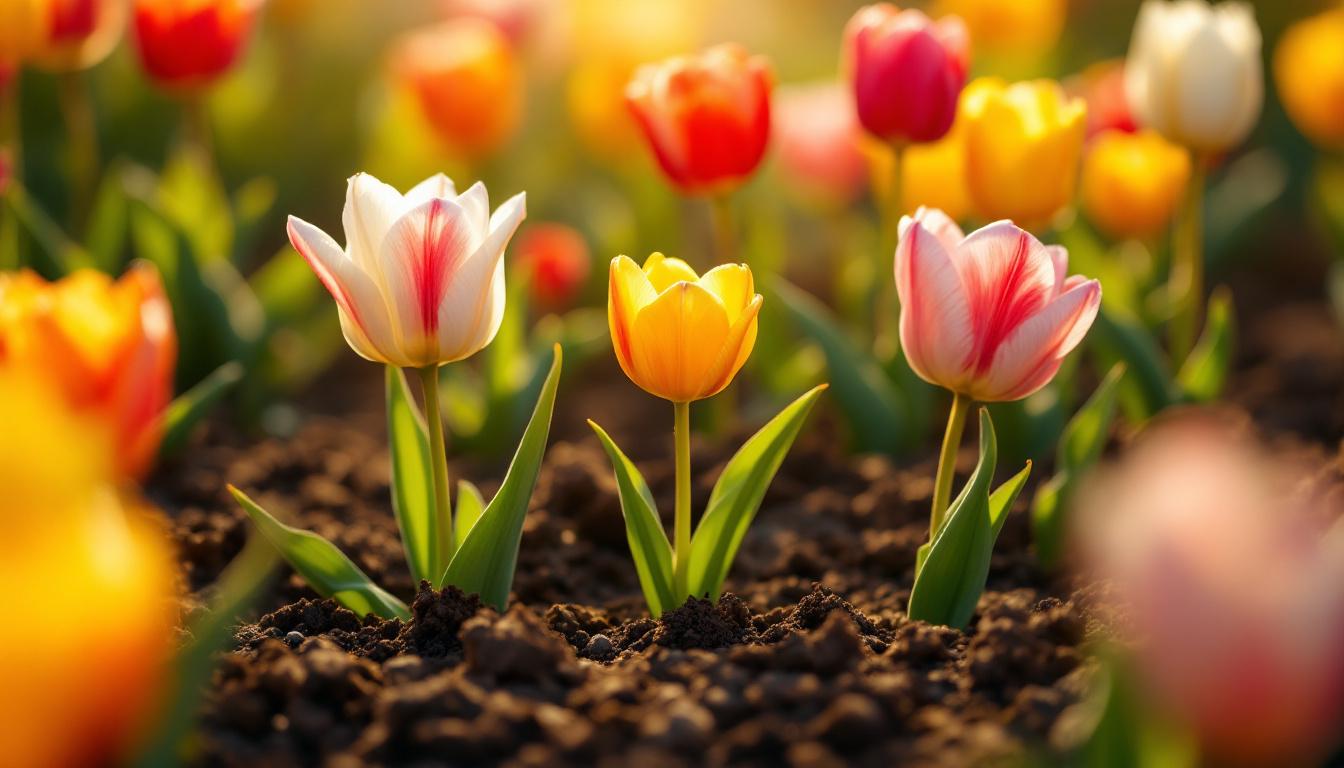 diverses variétés de tulipes poussant dans un sol français riche et bien préparé