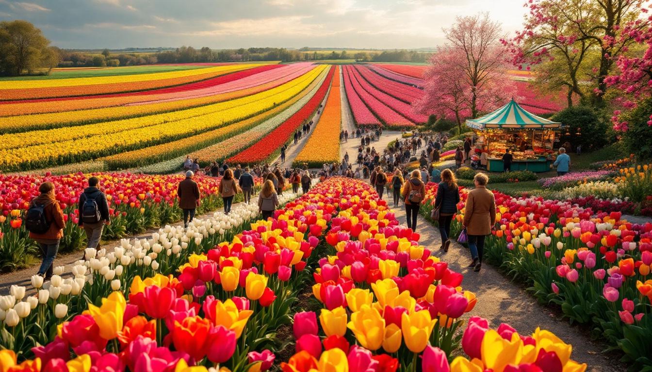 Festival traditionnel français de la tulipe avec foule admirant des champs colorés et stands festifs