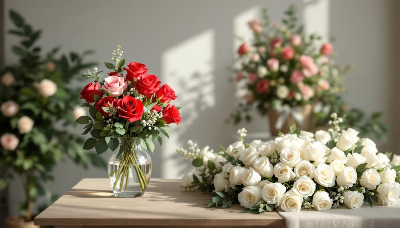 bouquets de la Saint-Valentin avec des roses rouges, compositions pour la Fête des Mères avec des roses roses, couronnes funéraires avec des roses blanches