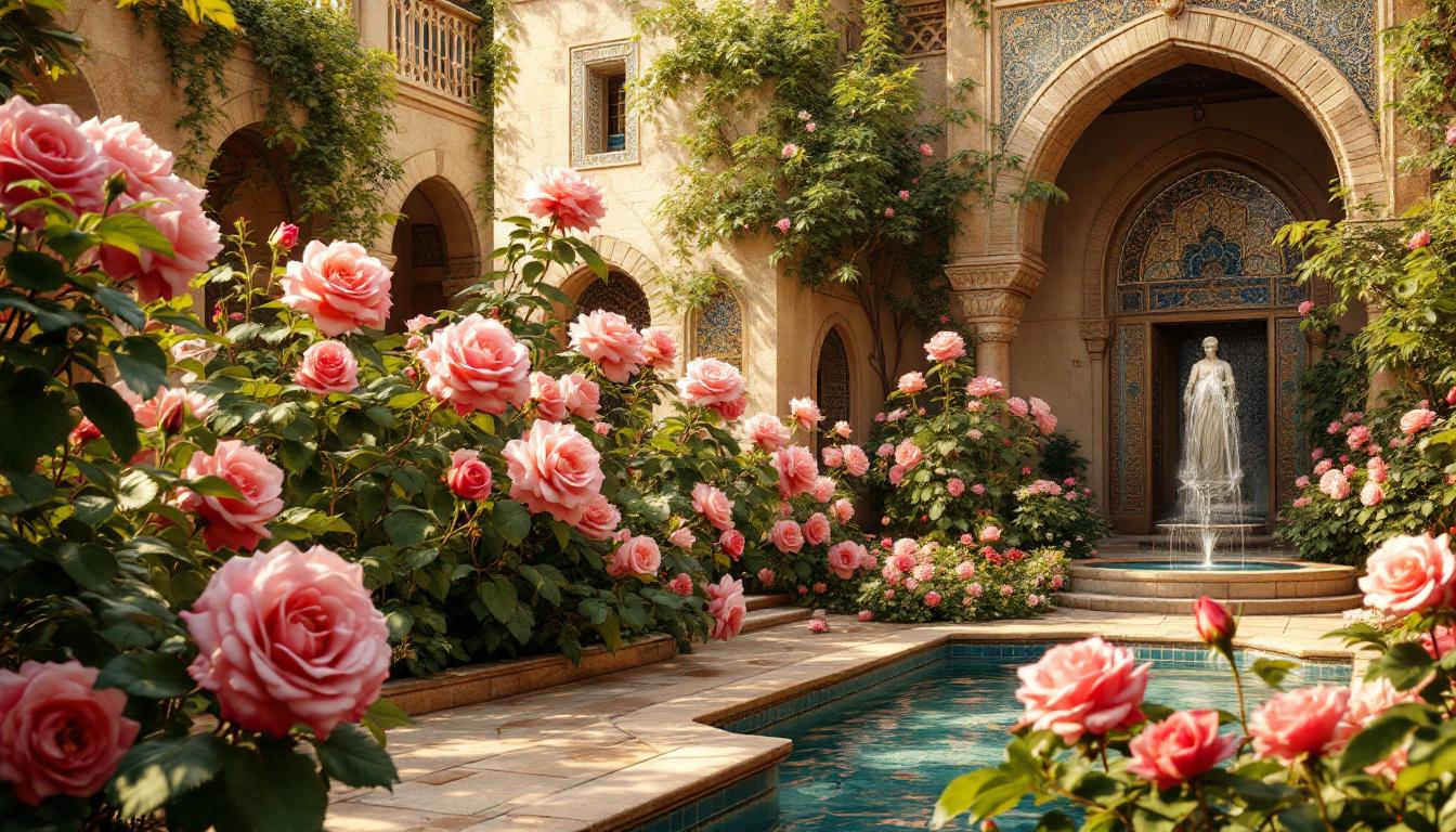jardin persan ancien avec des rosiers en pleine floraison