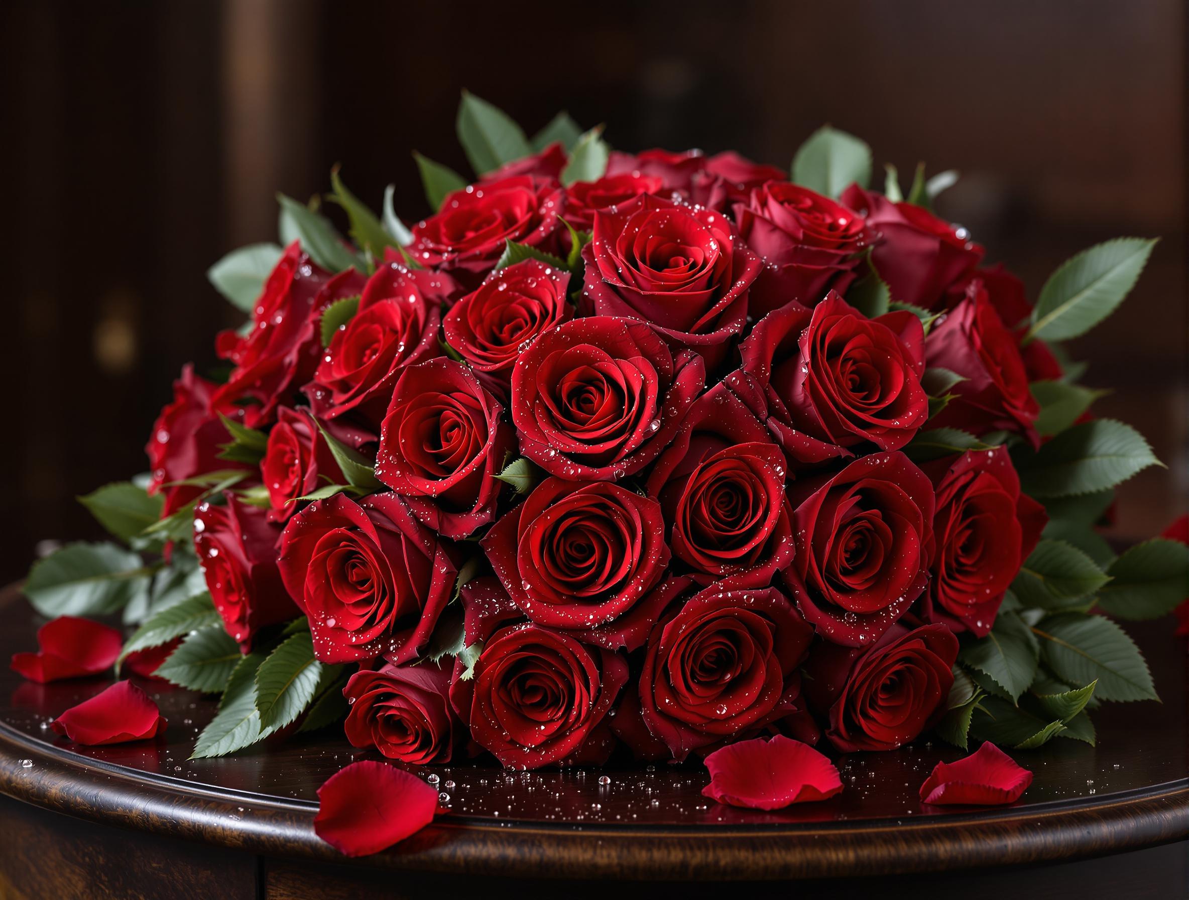 Un bouquet de roses rouges posé sur une table élégante pour une déclaration d’amour