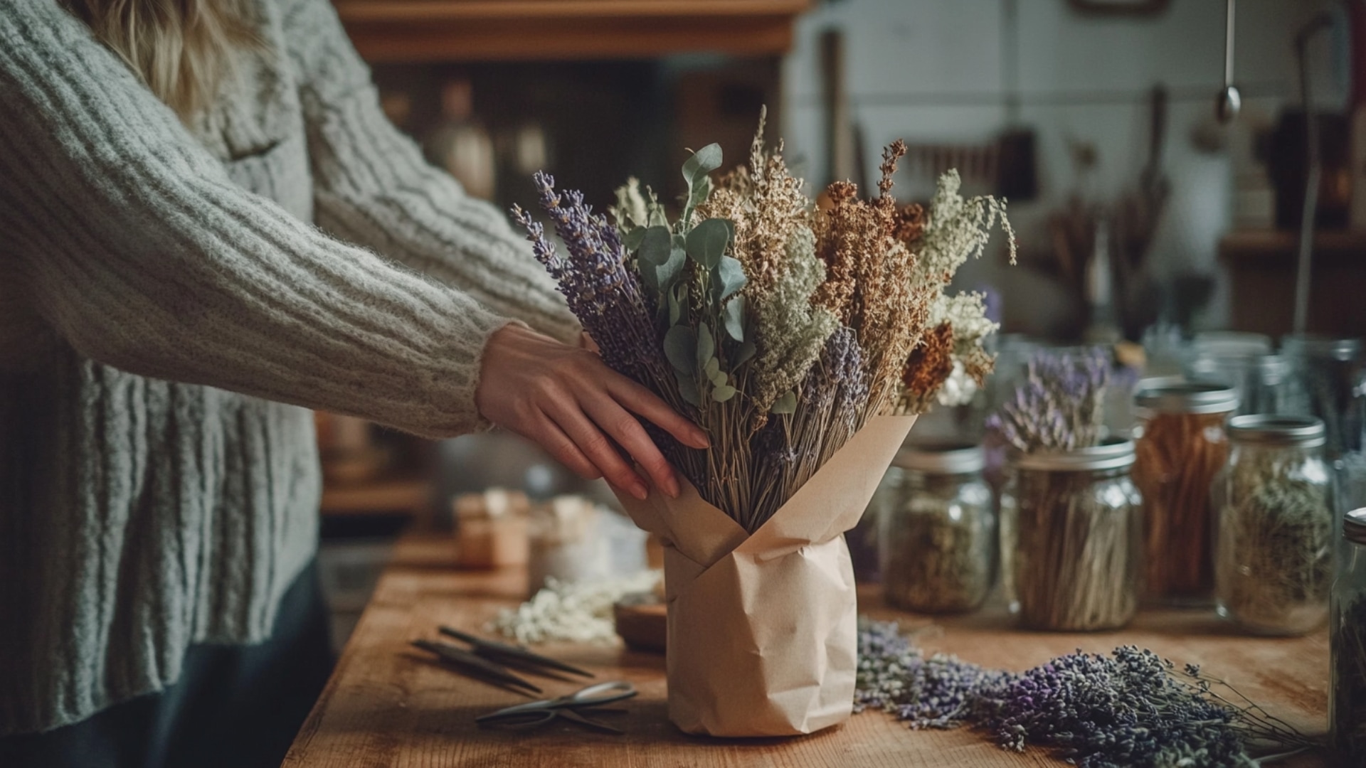 Une femme créant un bouquet de fleurs séchées lors d’un atelier floral