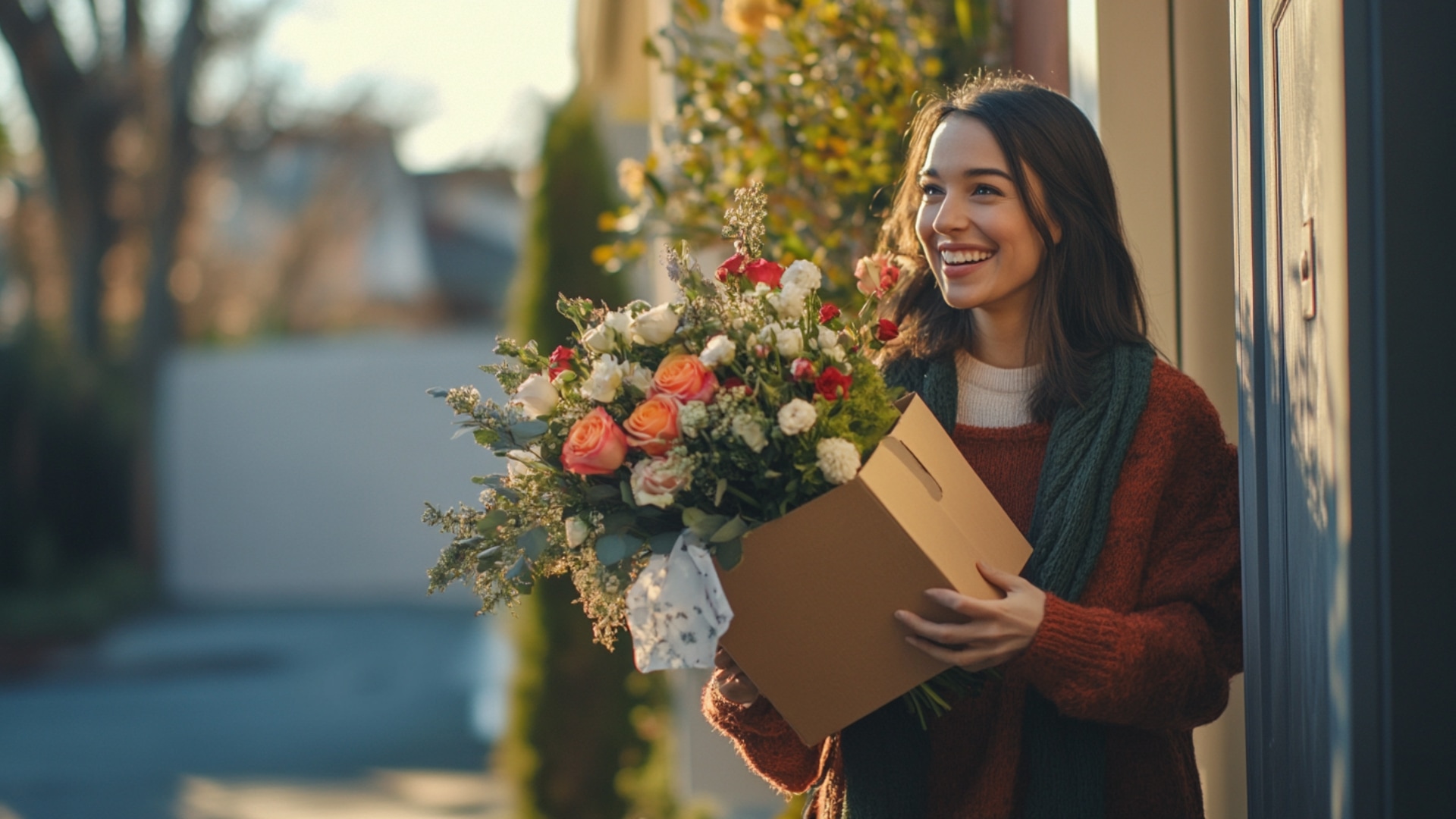 Une femme souriante recevant un bouquet de fleurs lors d’une surprise inattendue