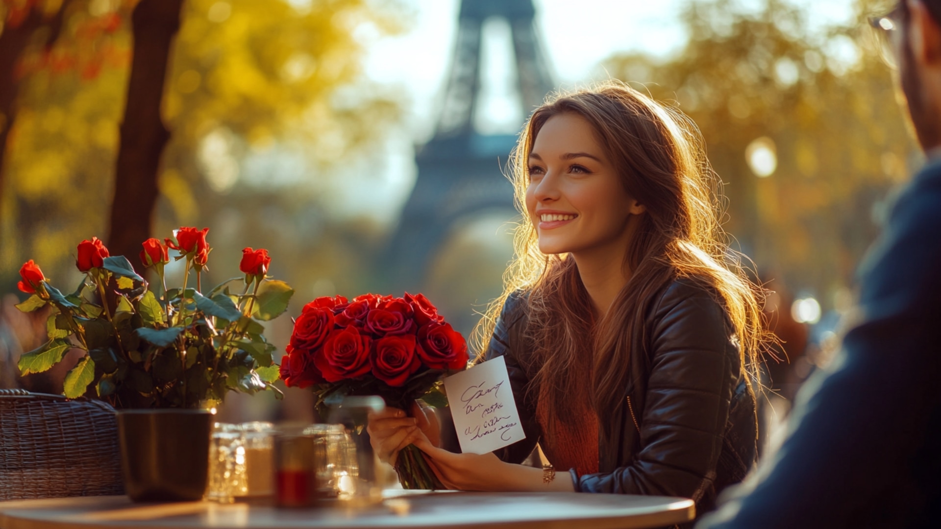 Une femme émue recevant un bouquet de fleurs dans un cadre romantique