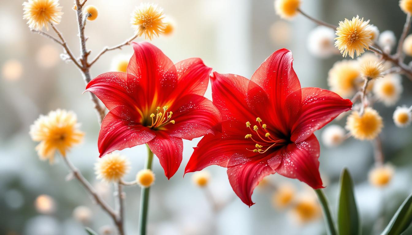 Amaryllis rouge et mimosa doré en fleurs dans un décor hivernal précoce, éclat et délicatesse naturelles.