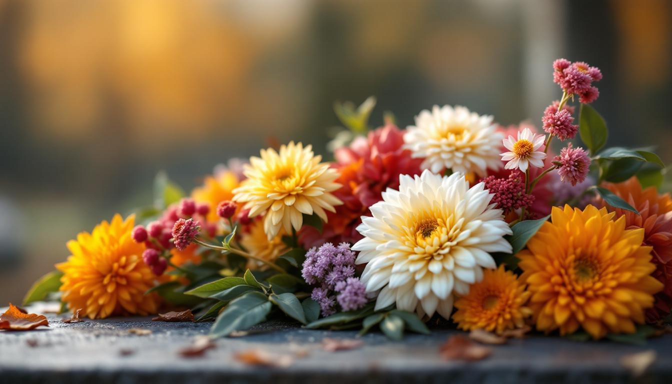 Arrangement floral de Toussaint avec chrysanthèmes, bruyères et cyclamens, hommage traditionnel respectueux et élégant.