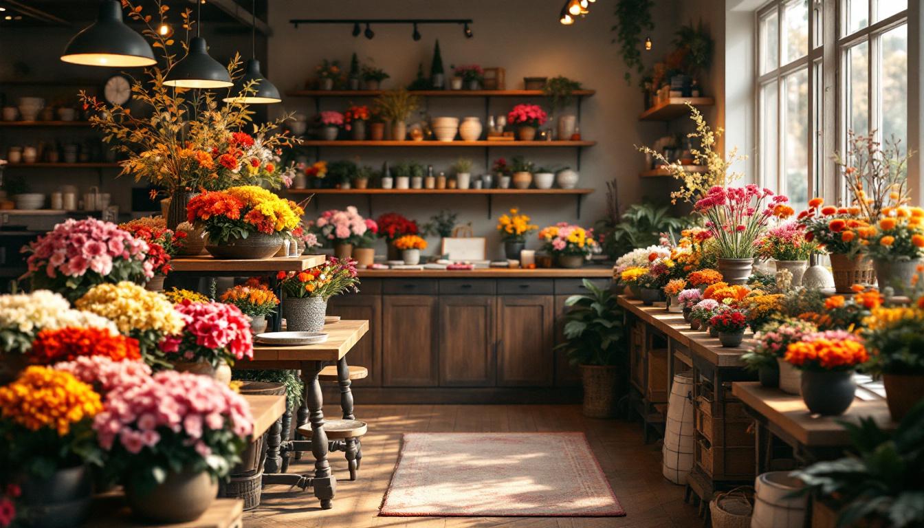 Intérieur chaleureux d’une boutique de fleuriste traditionnelle avec un étal coloré de fleurs de novembre soigneusement exposées.