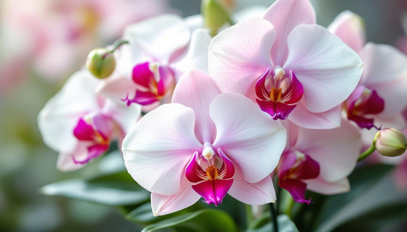 Bouquet d'orchidées multicolores avec focus sur orchidées blanches, roses et violettes