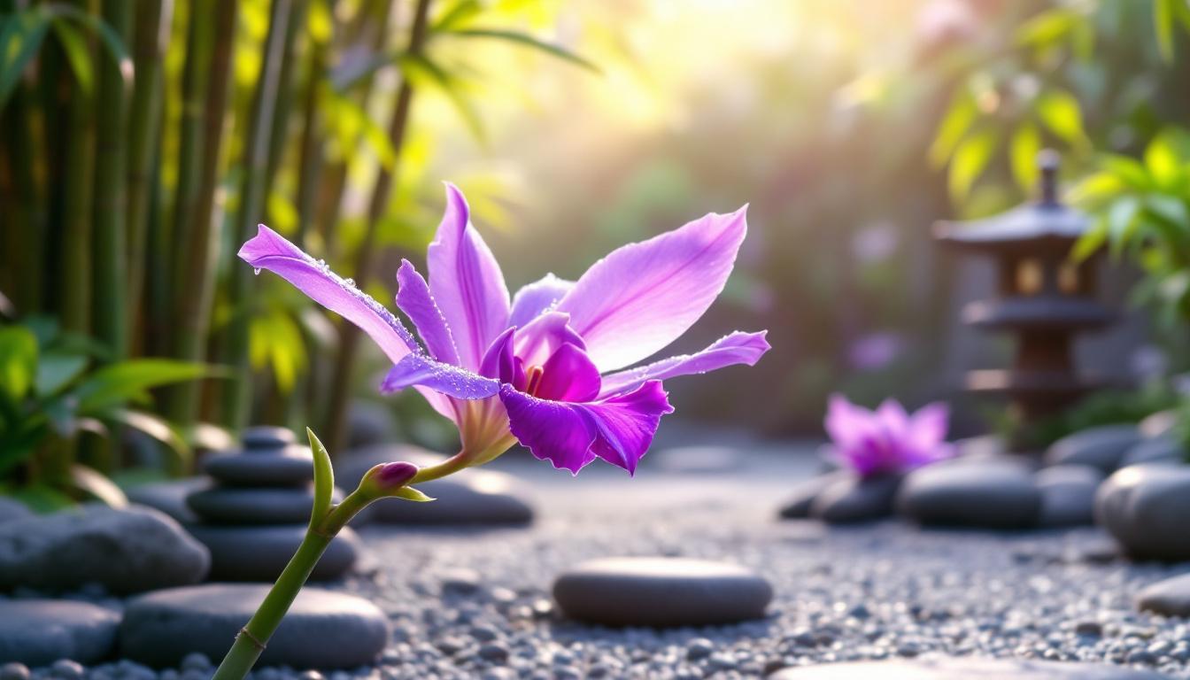 Orchidée pourpre dans un jardin zen asiatique
