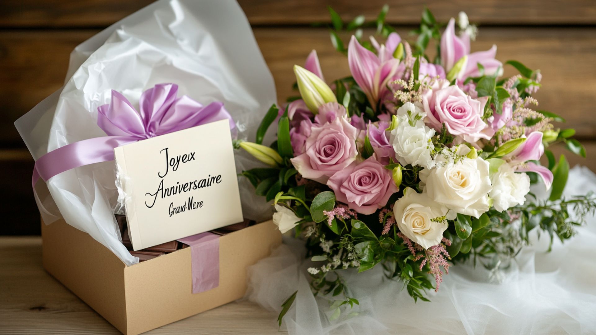 Livraison de bouquet d'anniversaire personnalisé avec carte et chocolats pour grand-mère