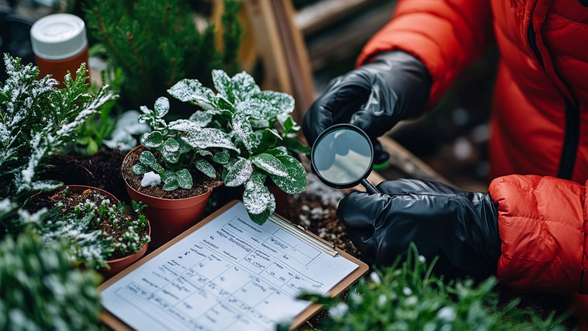 Jardinier expert diagnostiquant problèmes plantes hivernales