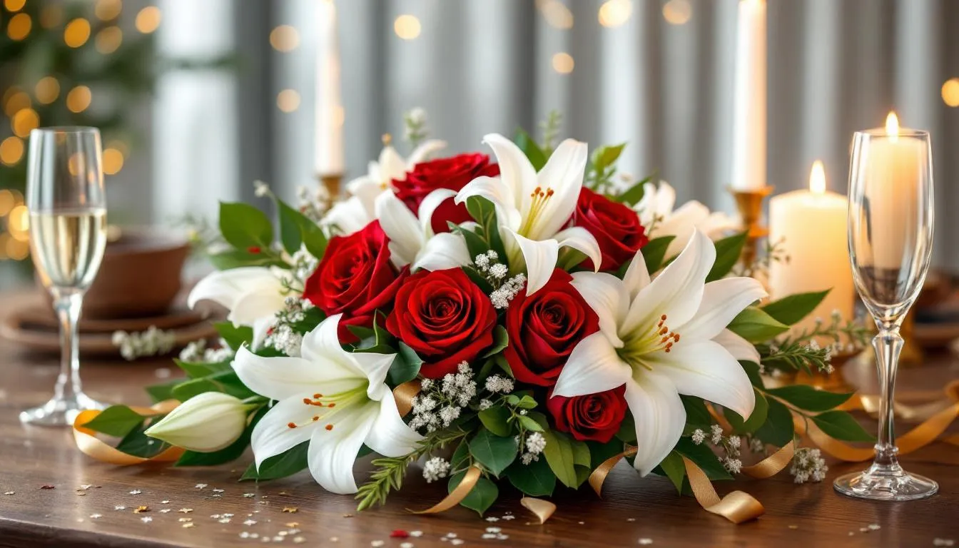 Bouquet fleurs Nouvel An blanc rouge festif