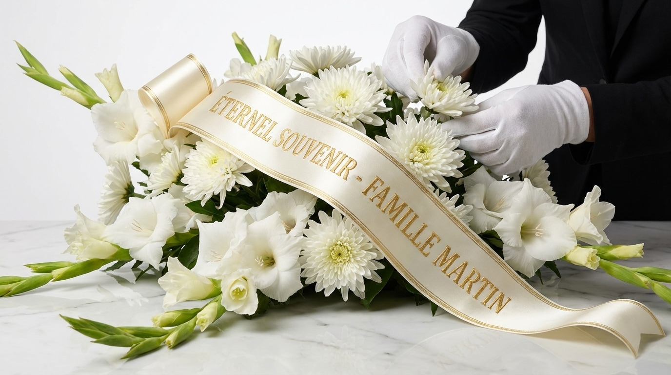 Ruban funéraire message fleurs deuil