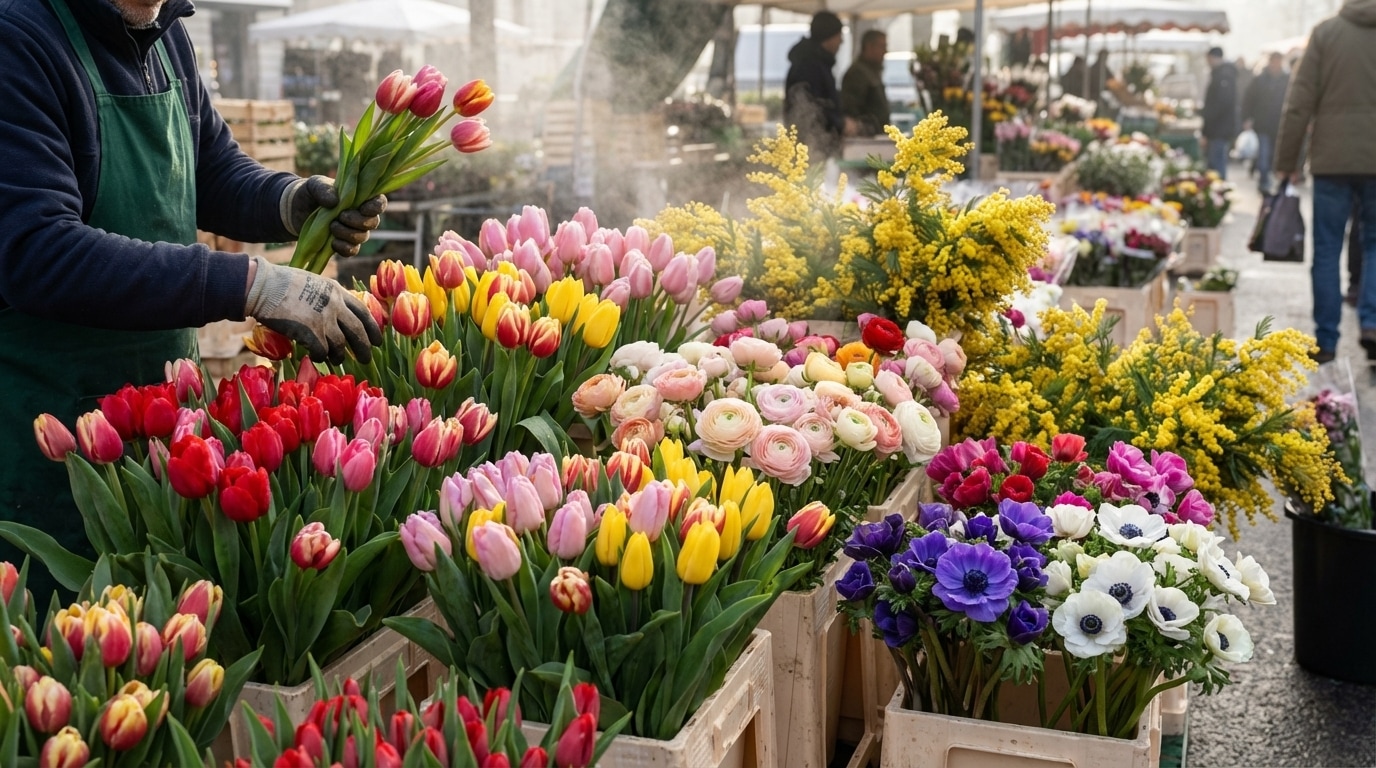 Fleurs saison février tulipes renoncules locales