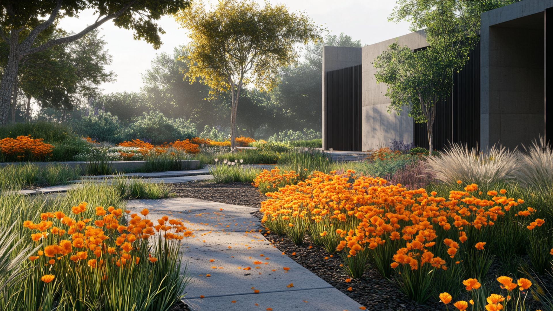 Jardin moderne avec fleurs oranges éclatantes
