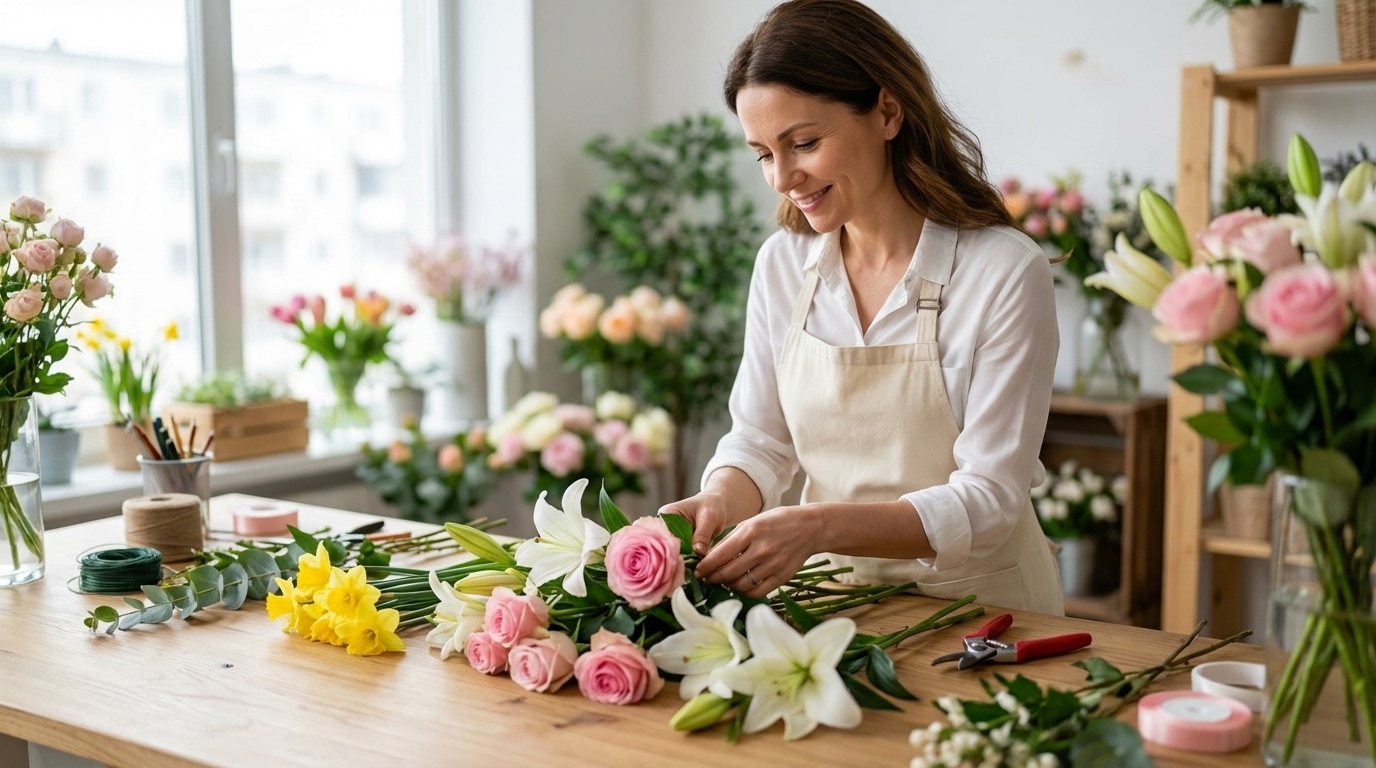 Artisan fleuriste créant arrangement floral traditionnel